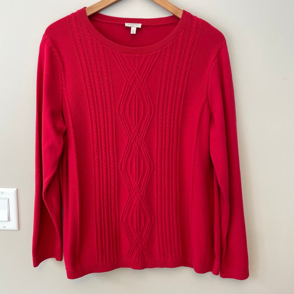 Talbots Red Cotton Cable Knit Sweater Size XL Long Sleeve Classic Style